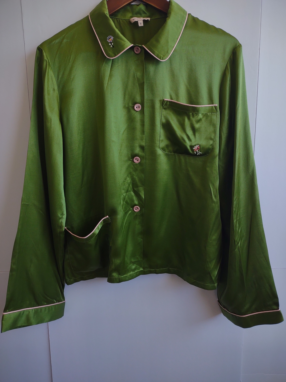 MORGAN LANE Ruthie and Chantal Green Embroidered Silk Blend PJ Top . - Picture 2 of 11